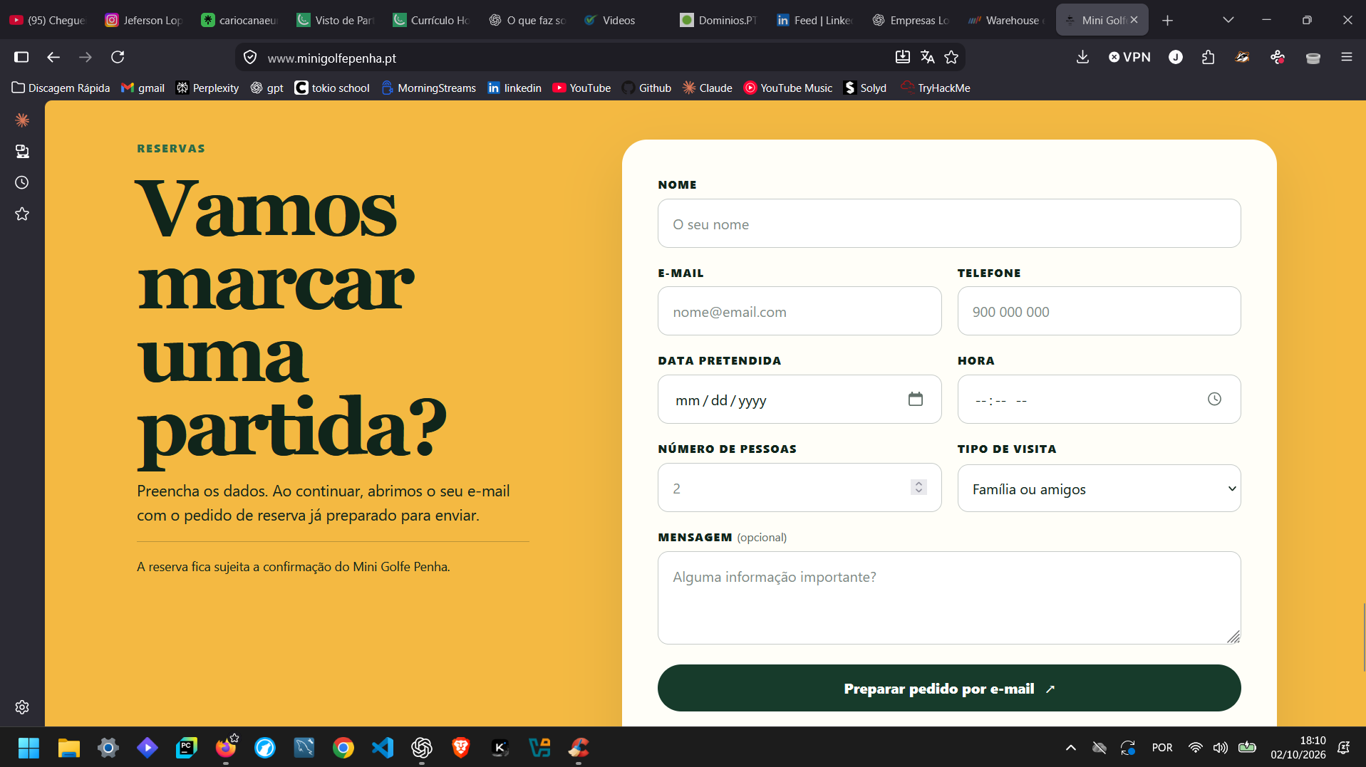 Formulário de reservas do website Mini Golfe Penha